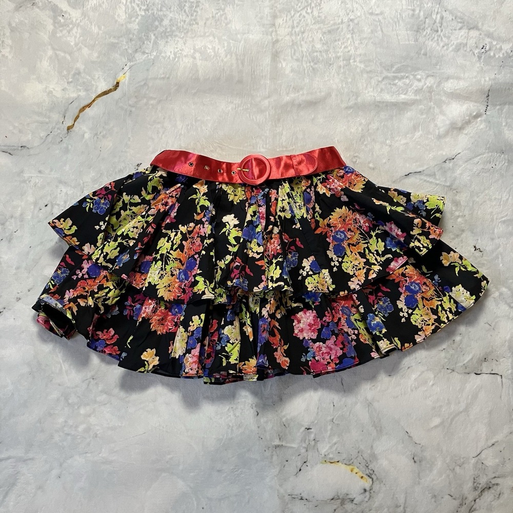 Caroline Constas Reign Skirt Womens Size Small Black Floral Tiered Mini Belted